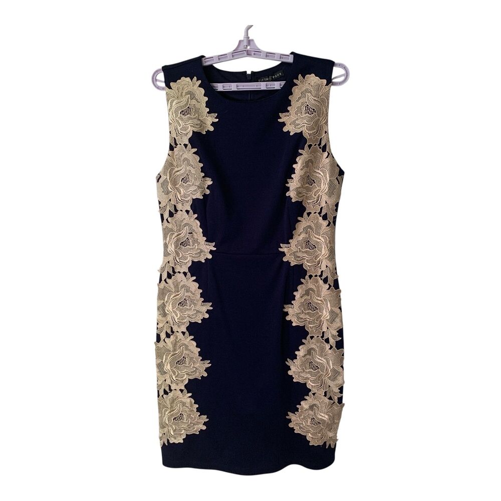 FIFTH & PARK Dress SZ 12 Navy & Beige Gold Floral Lace Sheath Dressy Cocktail